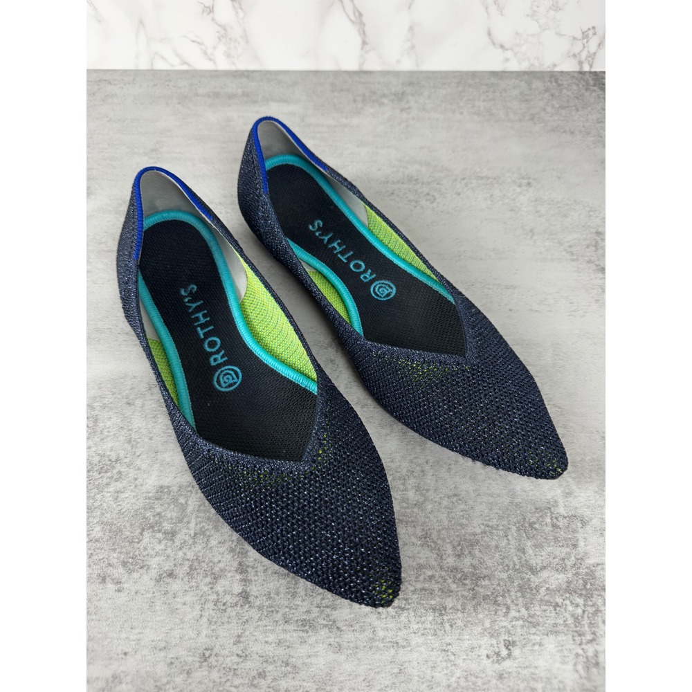 Rothys The Point Flats Womens 9 Navy Blue Sparkle Metallic Pointed Toe Shoes